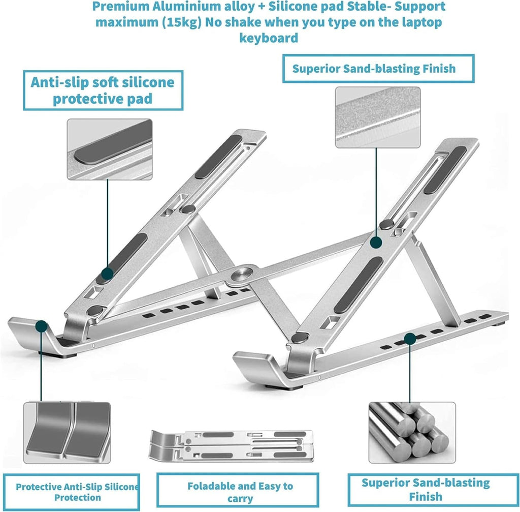 JustElevat 6 Angles Adjustable Aluminum Ergonomic Foldable Portable Tabletop Laptop/Desktop Riser Stand Holder Compatible for MacBook, HP, Dell, Lenovo & All Other Notebook (Silver)