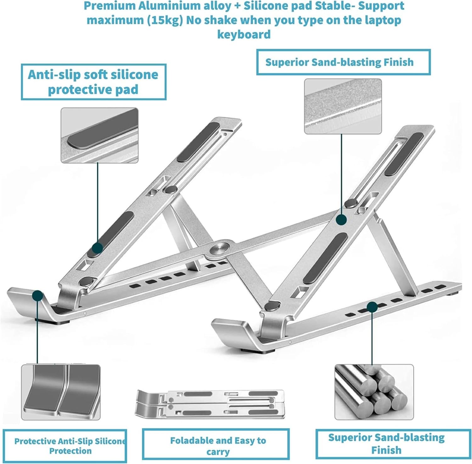 JustElevat 6 Angles Adjustable Aluminum Ergonomic Foldable Portable Tabletop Laptop/Desktop Riser Stand Holder Compatible for MacBook, HP, Dell, Lenovo & All Other Notebook (Silver)