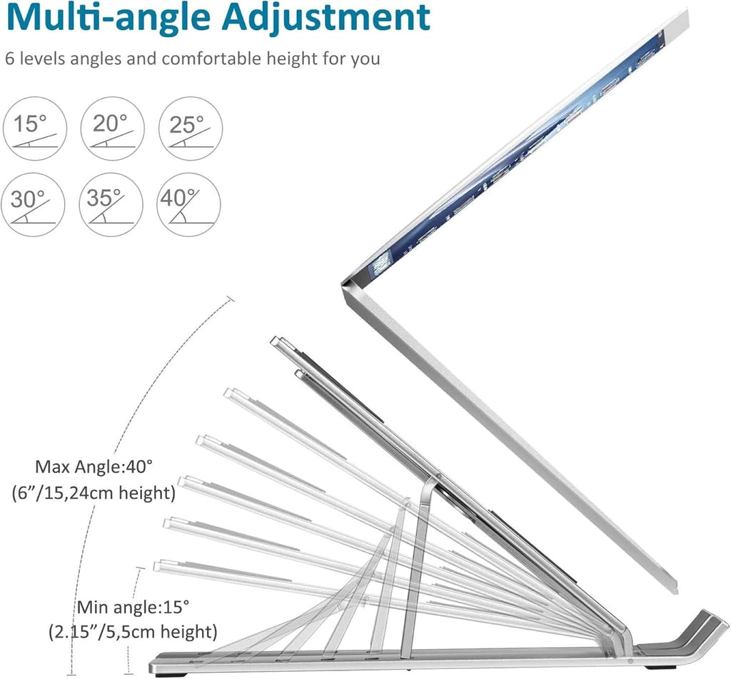 JustElevat 6 Angles Adjustable Aluminum Ergonomic Foldable Portable Tabletop Laptop/Desktop Riser Stand Holder Compatible for MacBook, HP, Dell, Lenovo & All Other Notebook (Silver)