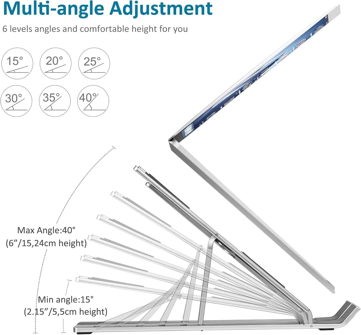 JustElevat 6 Angles Adjustable Aluminum Ergonomic Foldable Portable Tabletop Laptop/Desktop Riser Stand Holder Compatible for MacBook, HP, Dell, Lenovo & All Other Notebook (Silver)